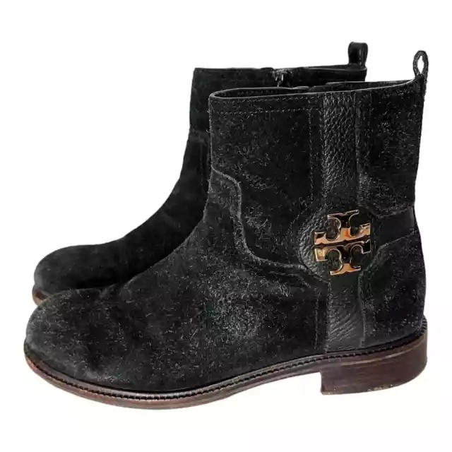 TORY BURCH Alaina Black Suede Flat Ankle Boots Women’s 8.5 Side Zip Gold Logo