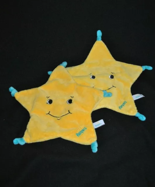 Lot 2 Doudou Plat Etoile PAMPERS Jaune Vert Turquoise 5 Branches Star Peluche