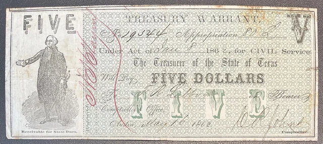 5 Dollars - Treasury Warrant State of TEXAS - Obsolete Currency Note #59197
