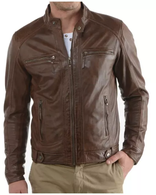 New Mens Leather Jacket Real Soft Lambskin Leather Man Classic Biker Coat #23