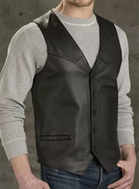 Homme Cuir Gilet Bouton Plus Près Noir Napa Cuir Véritable Pure Fait à la Main