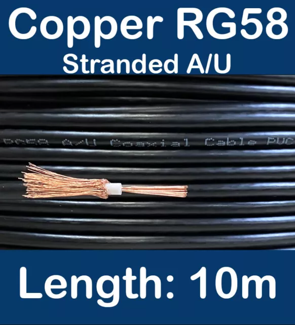 10m Copper Black RG58 A/U 50 Ohm Stranded Coax Coaxial Cable CB Radio Ham Aerial