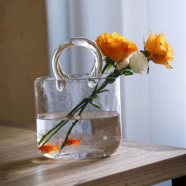 Hewego Clear Glass Purse Vase with Fish Bowl,Glass Purse Vase with Handle and Bu