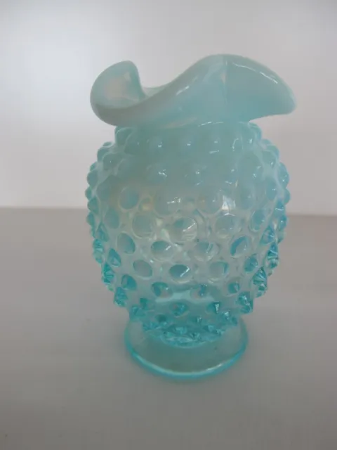 Fenton 3 3/4" Aqua Blue/White Hobnail Opalescent Ruffled Urn Vase