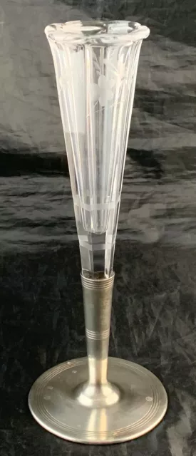 1Antique Silver Quadruple Plated & Glass Trumpet Flower/Bud Vase Etched Rare 2