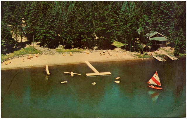St. Germain WI Birchwood Resort Aerial View Sail Ship Lake Wisconsin Postcard 58