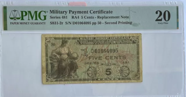 US Military Pay Certificate, Series 481, #S831-2r, Replacement, PMG 20