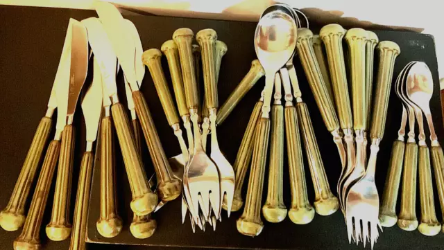 MODERNIST DENBY SHERWOOD GREEN 2 TONE STONE & STEEL SAMARKAND FLATWARE 31 pc set
