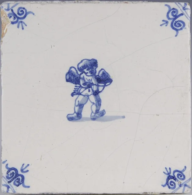 Dutch Delft Blue tile, Cupid with bow and arrow, second half 17th century.