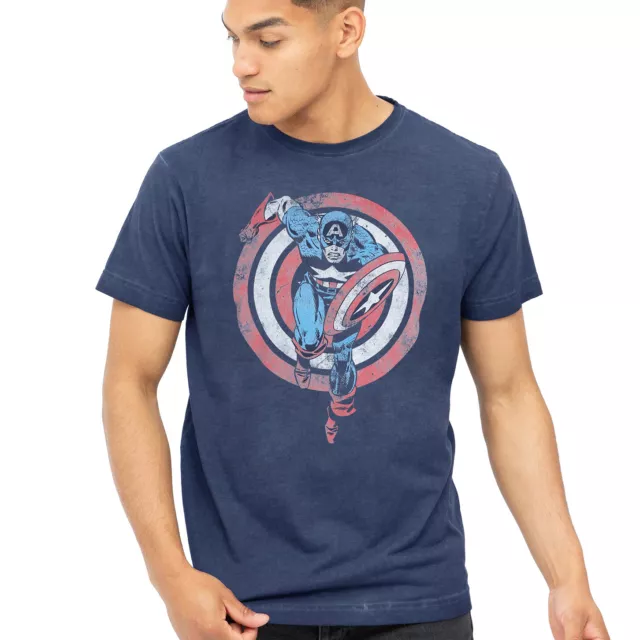 T-shirt ufficiale Marvel da uomo con carica scudo Captain America vintage blu navy S-XXL