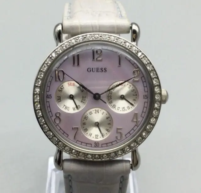 Guess Watch Women 33mm Pave Silver Tone Pink MOP Dial Leather Band New Battery