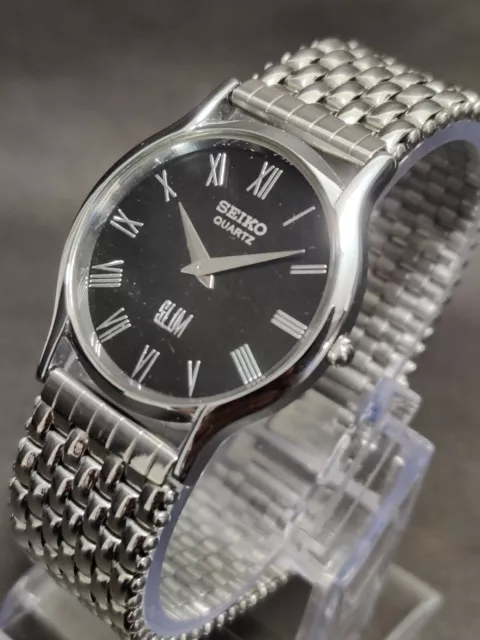 Seiko Quartz Slim Men's Wrist Watch SS Roman Dial Japanese with New Battery