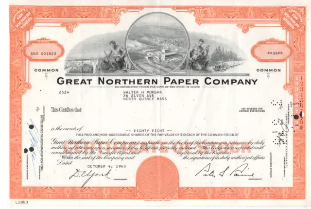 Great Northern Paper Company - Original Stock  Certificate - 1965 - SND1823