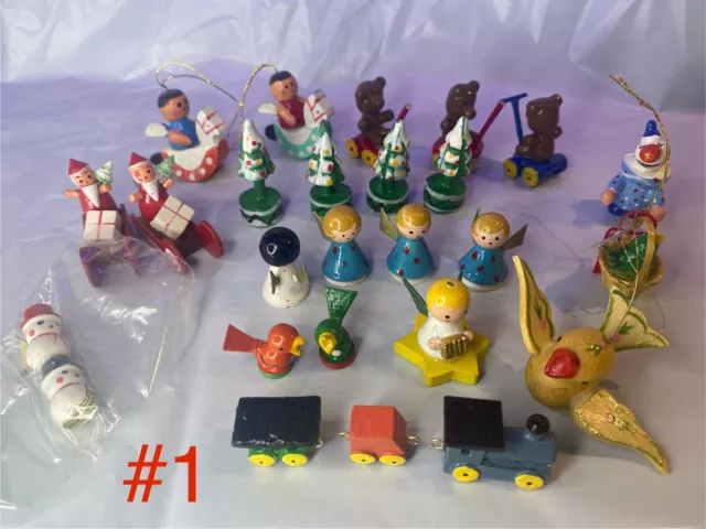 Lot Of 26-30 Vintage Wooden Christmas Ornaments Toys Angel Bird Clown