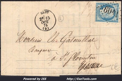 FRANCE N°60A SUR LETTRE POUR LOMBERS GC 772 CAD GARE DE CASTRES 10/11/1875 
