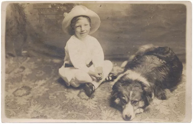 c. 1910 Smiling Little Boy & His Loyal Shepherd Dog Studio RPPC Photo Postcard