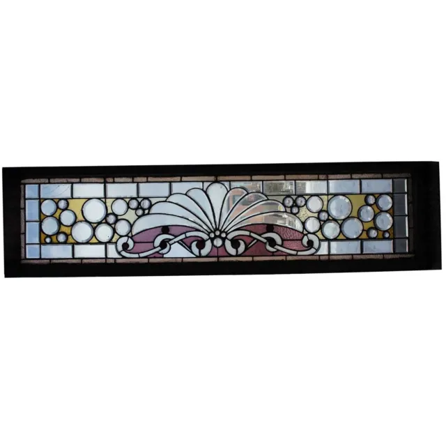 Antique American Beveled, Stained, Leaded & Jewelled Glass Transom Window