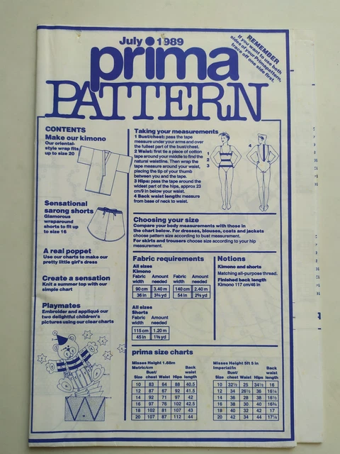 PRIMA MAGAZINE JULY 1989 Sewing Pattern Kimono Sarong Shorts £3.49 ...