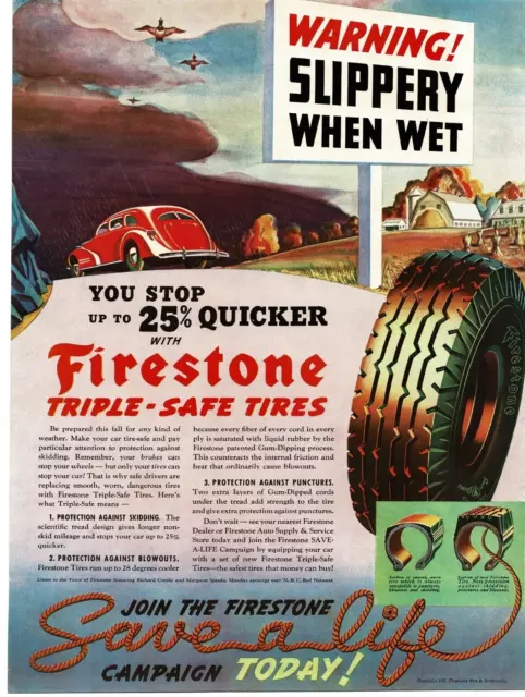1937 Firestone Tires Save A Life slippery when wet warning Vintage Print Ad