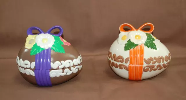 Ceramic Easter Egg Shaped Candy Dishes w/Lids Hand Painted  Lot of 2  Vtg  T1520