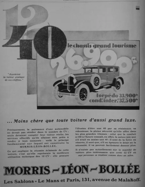 Publicité De Presse 1927 Automobile Torpédo Morris Léon Bollée Grand Tourisme