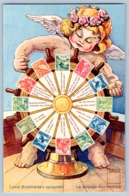 Language Of Stamps Cherub Ships Wheel Artist Minouvis Gjg Vintage Postcard