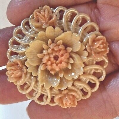 Vintage 1.5 X 1. 5 Inches Carved Celluloid Flower Brooch/Pin