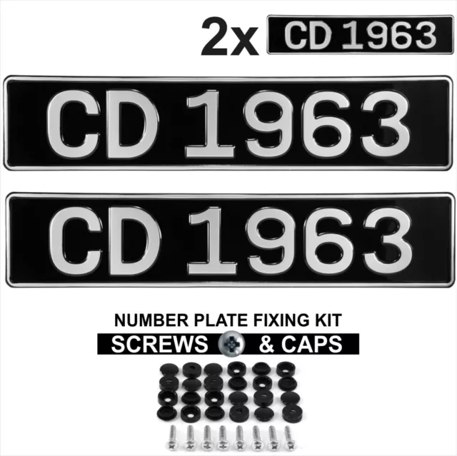 Pair 2x OBLONG Black and Silver Pressed Number plates Car Metal Classic Old Font