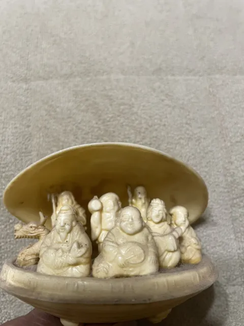 Vintage Carved Celluloid Clam Shell Japanese Scene Diorama Mid Century Modern