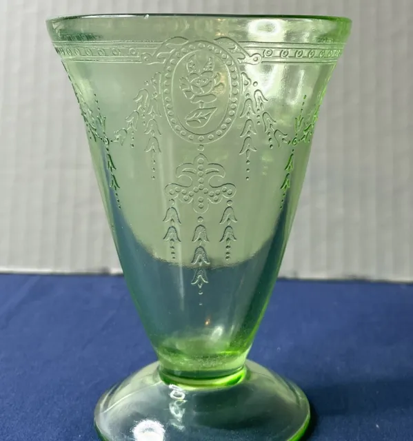 Vintage Belmont Rose Cameo Green Depression Glass Footed Tumbler