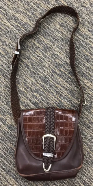 Vintage Brighton Heart Brown Leather Croc Embossed Crossbody Purse Bag Braided