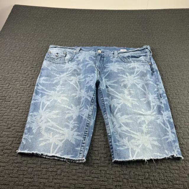 True Religion Jean Shorts Mens Size 44 Blue Denim Cut Off Flap Pockets Palm Tree