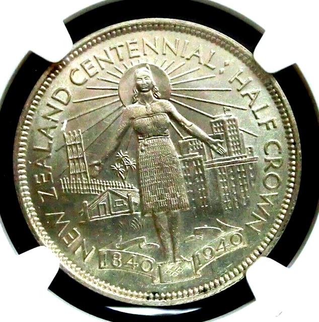 NGC MS62-New Zealand 1940 George VI Centennial Silver 1/2 Crown BU Scarce