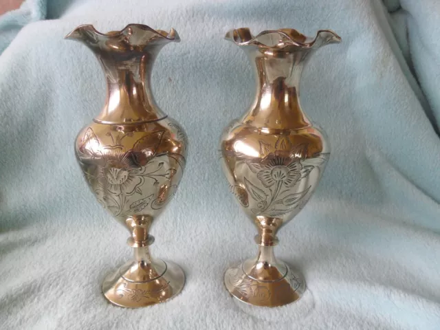 Pair Of Indian Etched Brass Vases