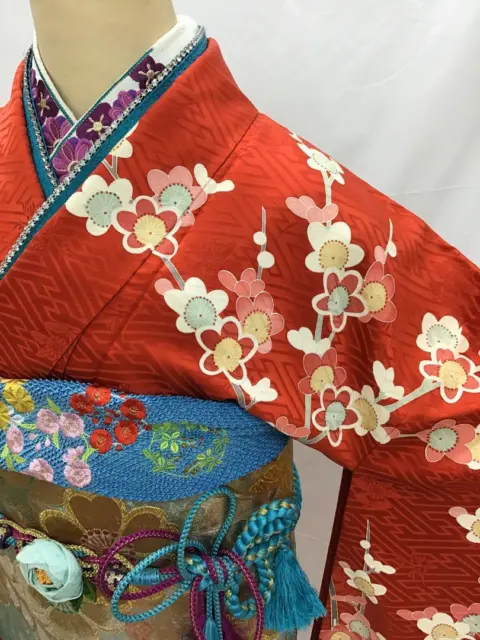 Kimono & Obi only RED gold embroidery long sleeves Japanese furisode belt #66 2