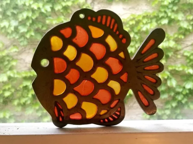Vintage Fish Trivet Stained Glass Look Colorful Sun Catcher Window Decoration