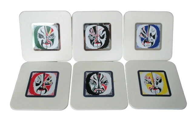 Chinese Opera Jing Mask Face Coasters Six Vintage GUC In Original Box