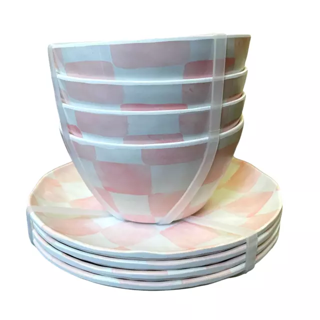 8 pc PINK & WHITE Checkered Melamine Round Appetizer Plates &Tidbit Bowls NEW