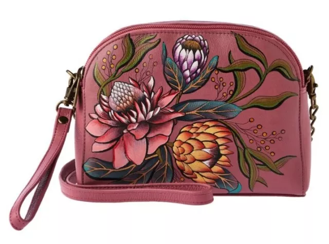 Anuschka Hand-Painted Leather Twin-Top Crossbody Bag W/ Wristlet-Hawaiian Floral