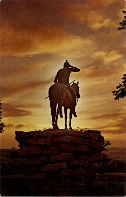 Indian Scout equestrian statue at night  Kansas City Missouri 1950s-60s postcard