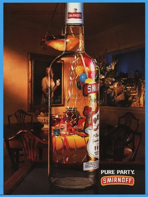 1994 Smirnoff Vodka Pure Party Balloons Streamers In Bottle Photo Print Ad