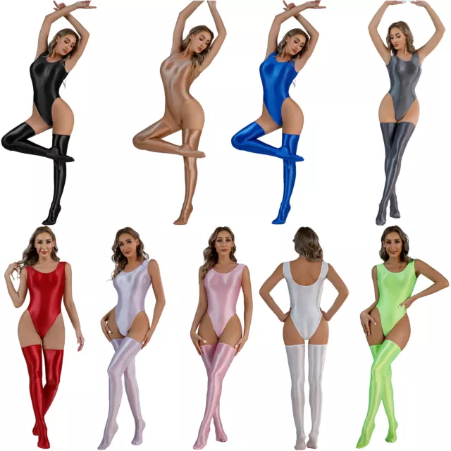 UK Womens Oil Glossy Bodysuit Shiny Silky Lingerie Nightwear Stockings Jumpsuits 2