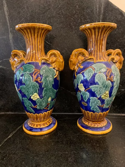 Minton Majolica Pair Vases with Rams head handles for Seymour Mann 
