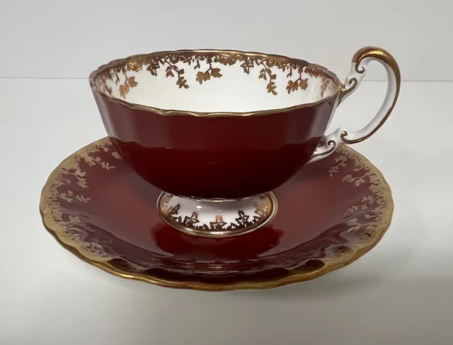 Vintage Aynsley Red Burgundy Tea Cup & Saucer England Gold Copper Leaves Footed