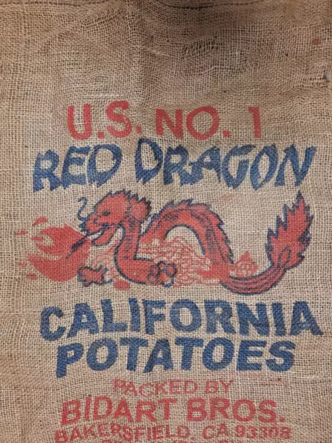 Vintage Red Dragon Potatoes Burlap Feed Sack Bag California Bakersfield Retro