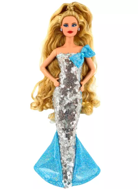 New Barbie Doll Clothes SILVER SEQUIN & SHINY AQUA EVENING GOWN WITH BOW