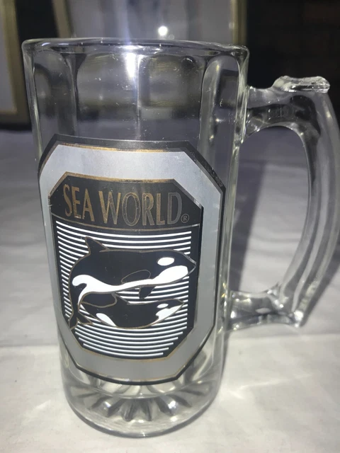 Vintage SEA WORLD Orca SHAMU Killer Whale 12oz Glass BEER MUG Optic Panel Rib 5½