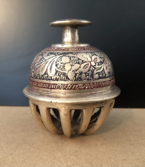 Vintage India Elephant Claw Solid Brass Bell Etched Painted 3”