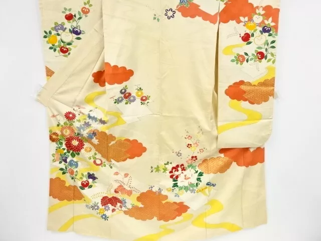 84914# Japanese Kimono / Antique Furisode / Embroidery / Cloud & Floral Plan
