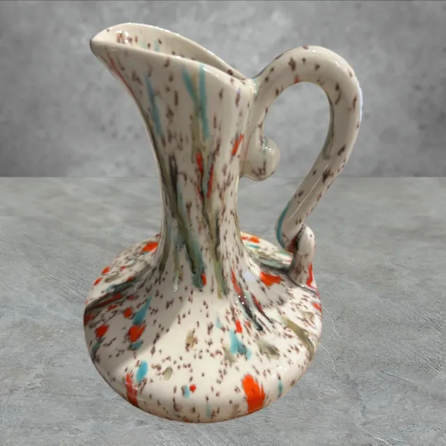 Splatter Pitcher Art Pottery Ceramic Ewer Speckled Drip Glossy Bud Vase Handle